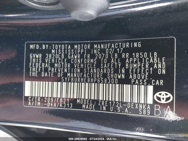 Toyota COROLLA LE 2017 5YFBURHE8HP658300 Image 9