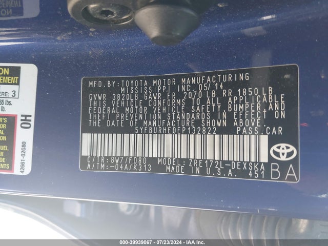 Toyota Corolla S Plus 2014 5YFBURHE0EP132822 Image 9