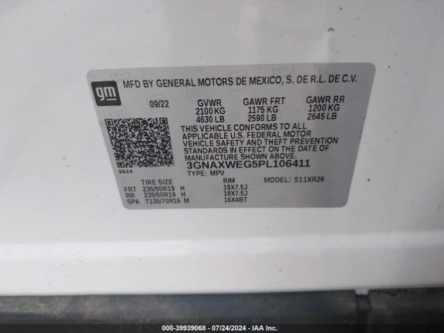 3GNAXWEG5PL106411 Chevrolet Equinox Awd Rs