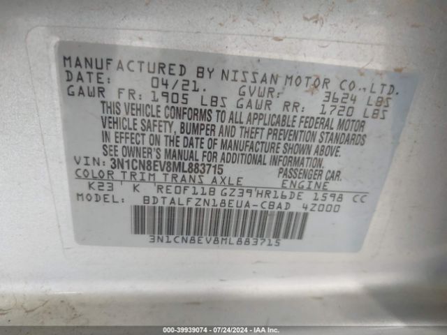 3N1CN8EV8ML883715 Nissan Versa Sv Xtronic Cvt
