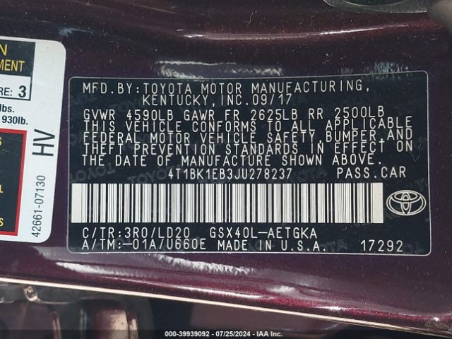 4T1BK1EB3JU278237 Toyota AVALON XLE