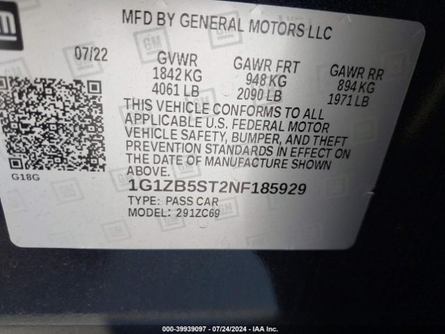 1G1ZB5ST2NF185929 Chevrolet Malibu Fwd Ls