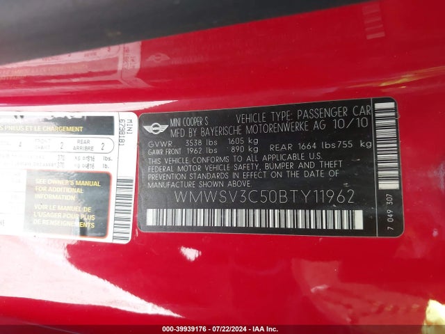 2011 MINI COOPER S WMWSV3C50BTY11962 Photo 8