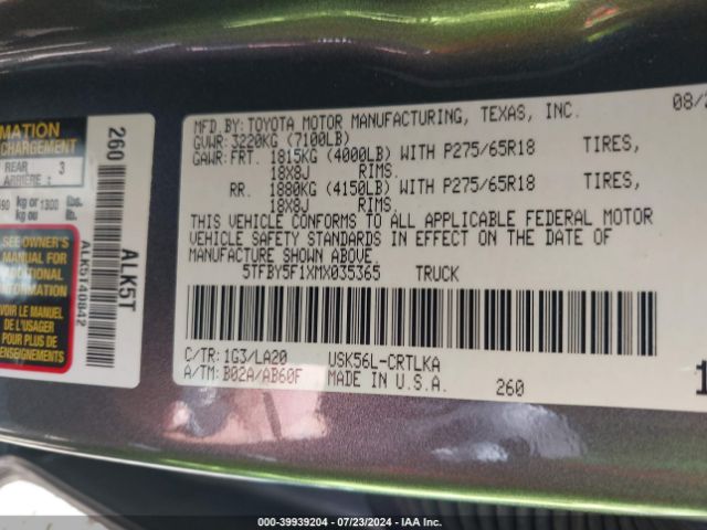 5TFBY5F1XMX035365 Toyota Tundra Limited