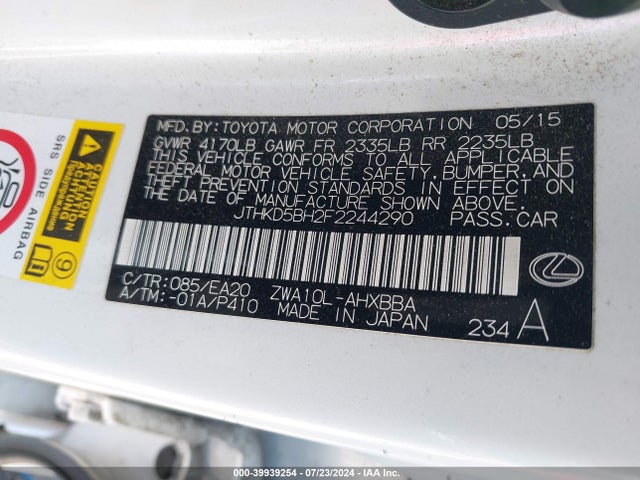 JTHKD5BH2F2244290 Lexus CT 200H