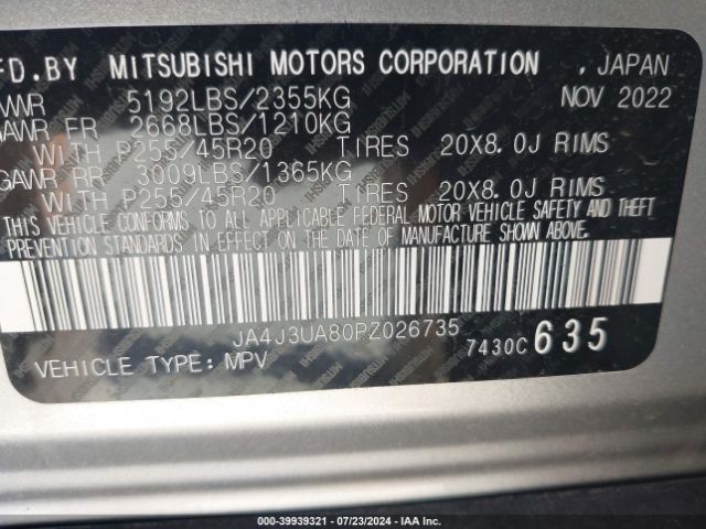 JA4J3UA80PZ026735 Mitsubishi Outlander Se 2.5 2wd/se Black Edition 2wd/se Special Edition 2wd