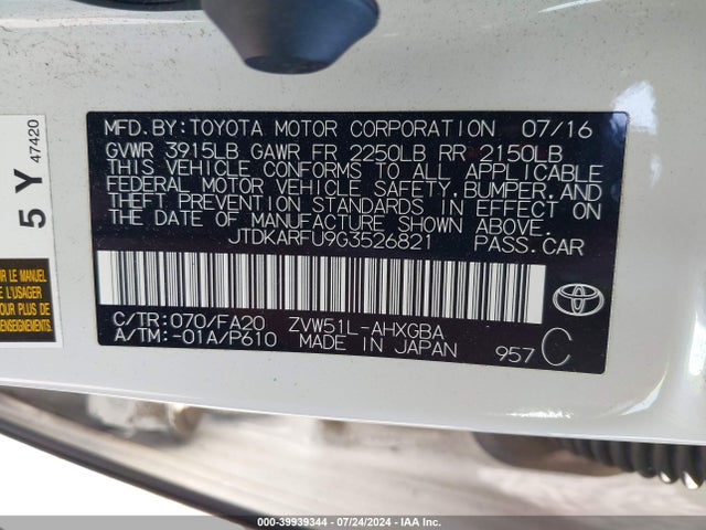 Toyota Prius Three 2016 JTDKARFU9G3526821 Image 9