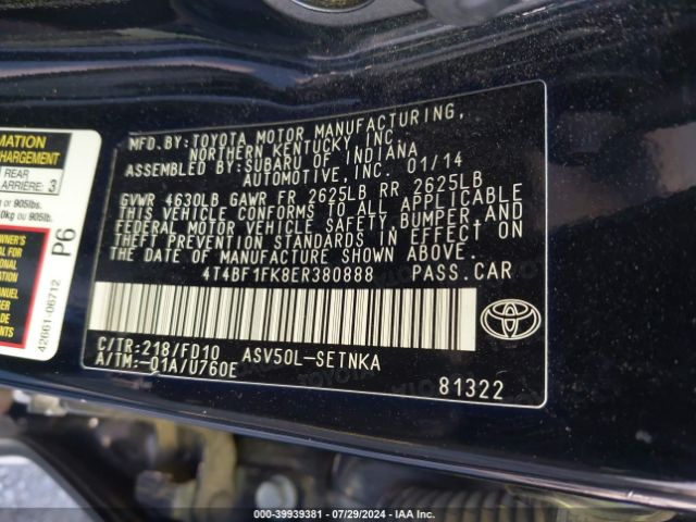 4T4BF1FK8ER380888 Toyota CAMRY LE