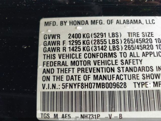 5FNYF8H07MB009628 Honda Passport Awd Elite