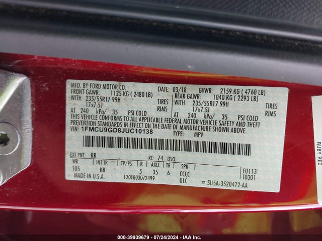 Ford ESCAPE SE 2018 1FMCU9GD8JUC10138 Image 9