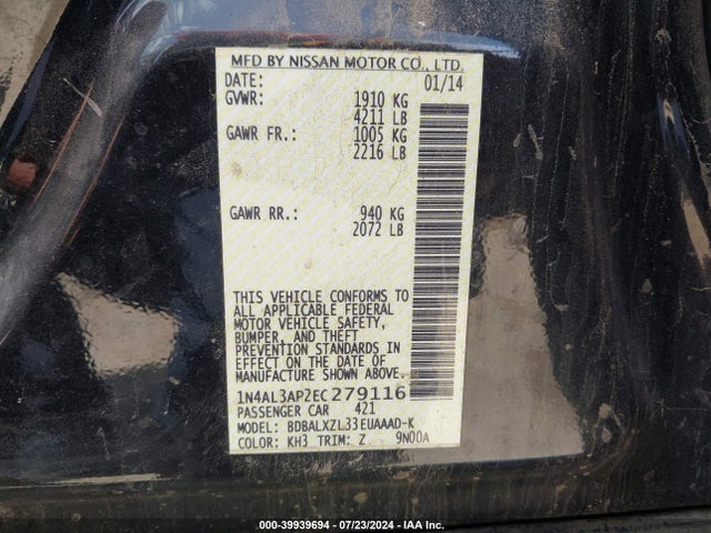 Nissan Altima 2.5 Sl 2014 1N4AL3AP2EC279116 Image 9