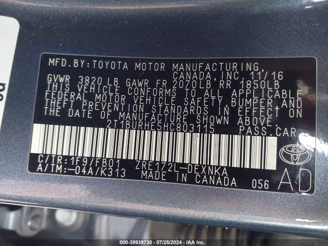 Toyota COROLLA LE 2017 2T1BURHE5HC803115 Image 9