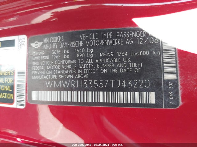 2007 MINI COOPER S WMWRH33557TJ43220 Photo 8