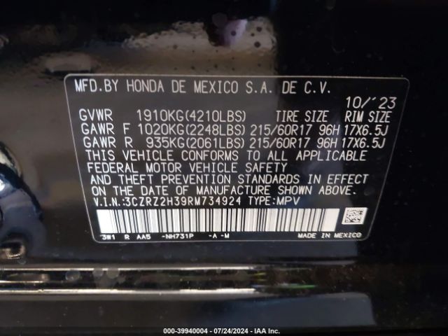 3CZRZ2H39RM734924 Honda Hr-v Awd Lx