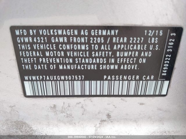 WVWKP7AUXGW907537 Volkswagen E-golf Se
