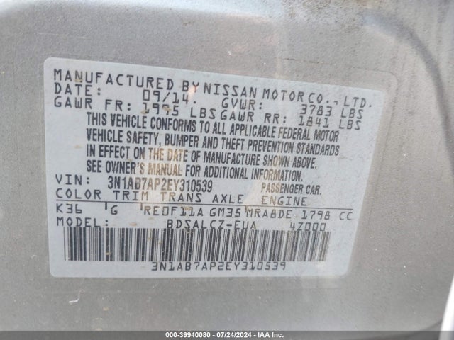 Nissan Sentra Fe+ S 2014 3N1AB7AP2EY310539 Image 9