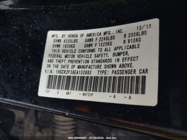 Honda ACCORD LX 2014 1HGCR2F38EA100690 Image 9