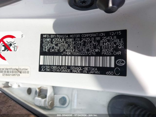 JTHBK1GG6G2237276 Lexus ES 350