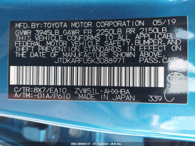 Toyota PRIUS XLE 2019 JTDKARFU5K3088971 Image 9