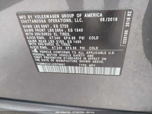 1V2NR2CA1JC575637 Volkswagen Atlas 3.6l V6 Sel Premium