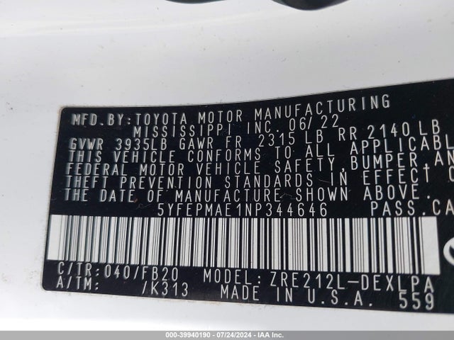 Toyota COROLLA LE 2022 5YFEPMAE1NP344646 Image 9