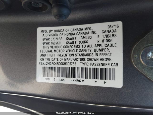 2HGFC4B00GH305785 Honda Civic Lx-p