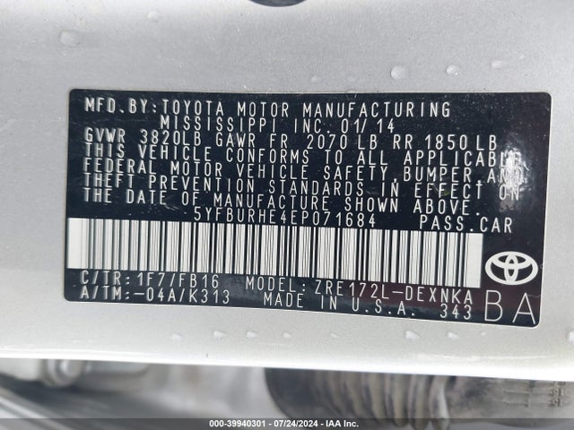 Toyota COROLLA LE 2014 5YFBURHE4EP071684 Image 9