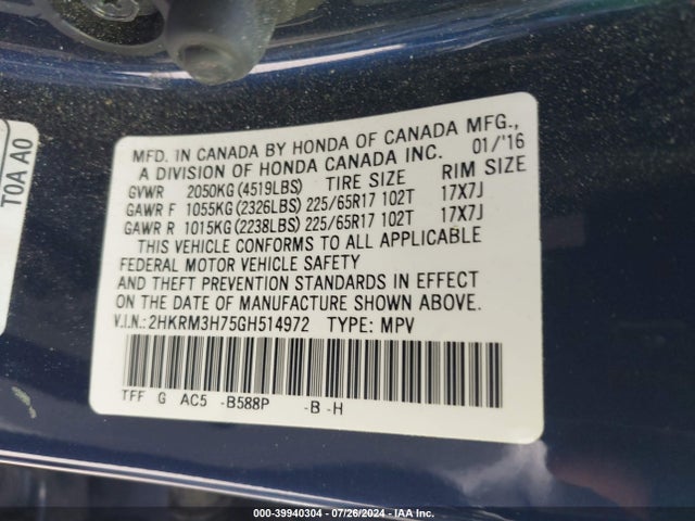 Honda Cr-v Ex-l 2016 2HKRM3H75GH514972 Image 9