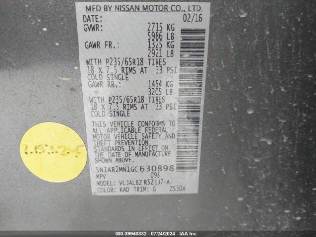 5N1AR2MN1GC630898 Nissan Pathfinder Platinum/s/sl/sv