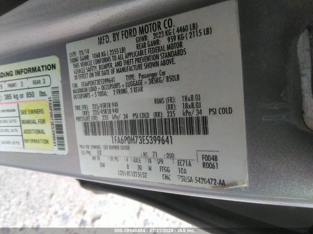 Ford FUSION SE 2014 1FA6P0H73E5399641 Image 9