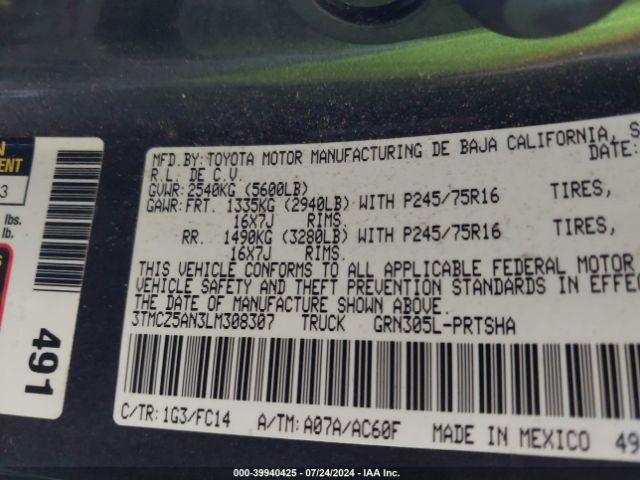 3TMCZ5AN3LM308307 Toyota Tacoma Sr5 V6