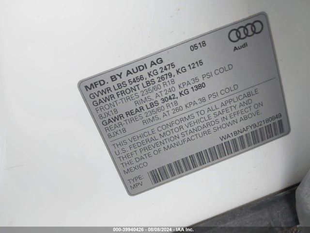 WA1BNAFY9J2180849 Audi Q5 2.0t Premium/2.0t Tech Premium