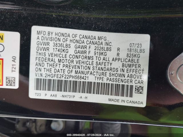 2HGFE2F22PH568421 Honda Civic Lx