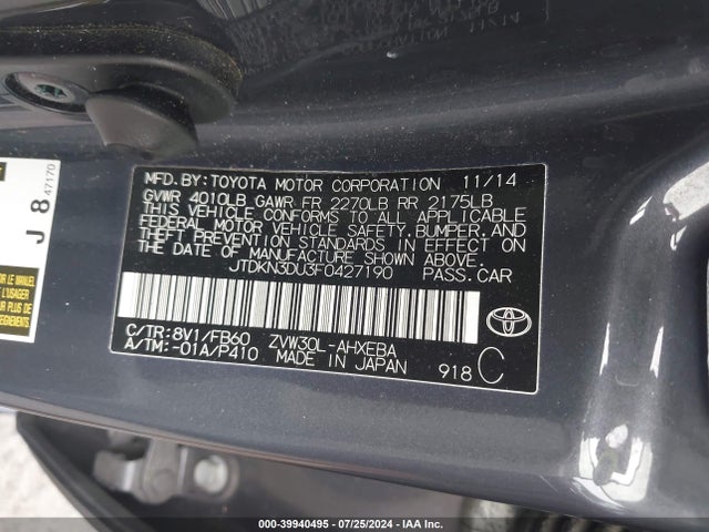 Toyota Prius Two 2015 JTDKN3DU3F0427190 Image 9