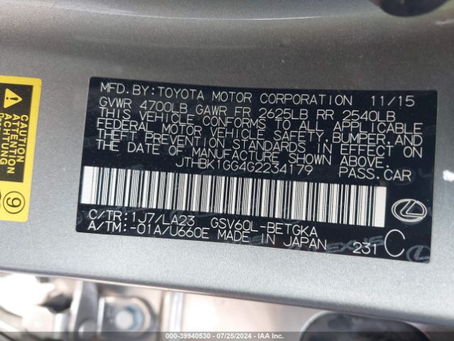 JTHBK1GG4G2234179 Lexus ES 350