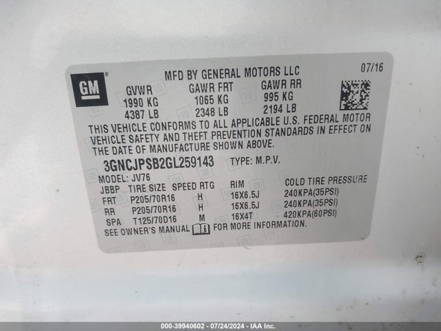 Chevrolet Trax Lt 2016 3GNCJPSB2GL259143 Image 9