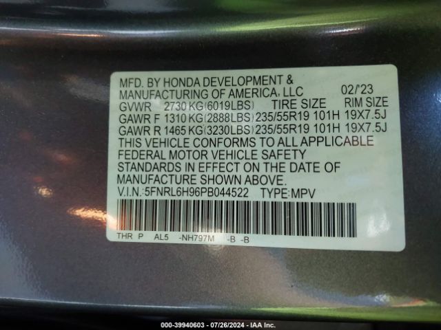 5FNRL6H96PB044522 Honda Odyssey Elite