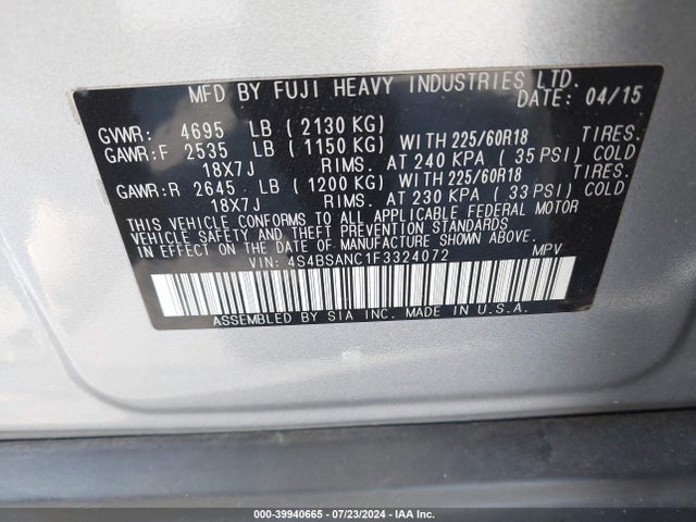 4S4BSANC1F3324072 Subaru Outback 2.5i Limited