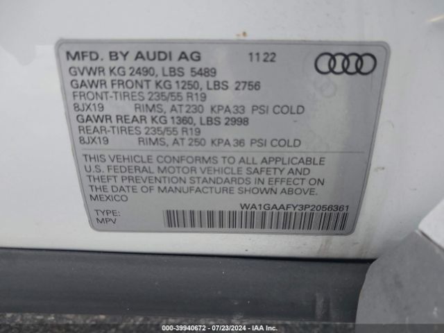 WA1GAAFY3P2056361 Audi Q5 Premium 45 Tfsi S Line Quattro