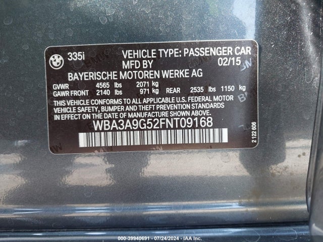 WBA3A9G52FNT09168 BMW 335i