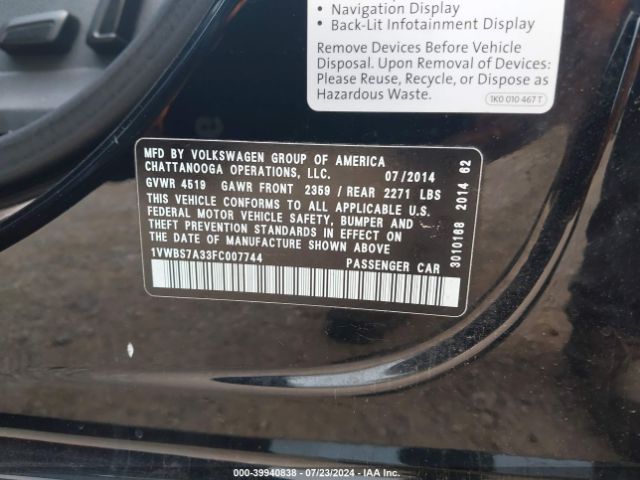 1VWBS7A33FC007744 Volkswagen Passat 1.8t Se