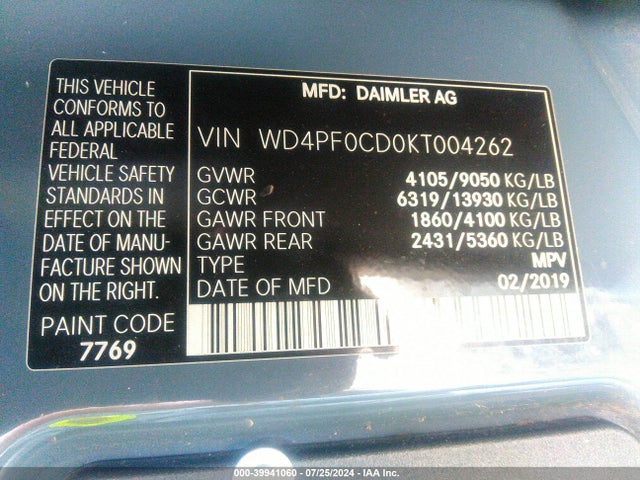 WD4PF0CD0KT004262 Mercedes-Benz Sprinter 2500 High Roof V6/standard Roof V6