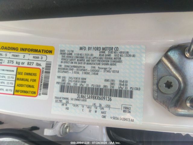 3LN6L5A98KR609136 Lincoln Mkz Standard