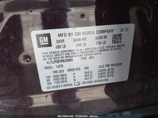 Chevrolet Trax Awd Lt 2021 KL7CJPSB7MB349889 Image 9
