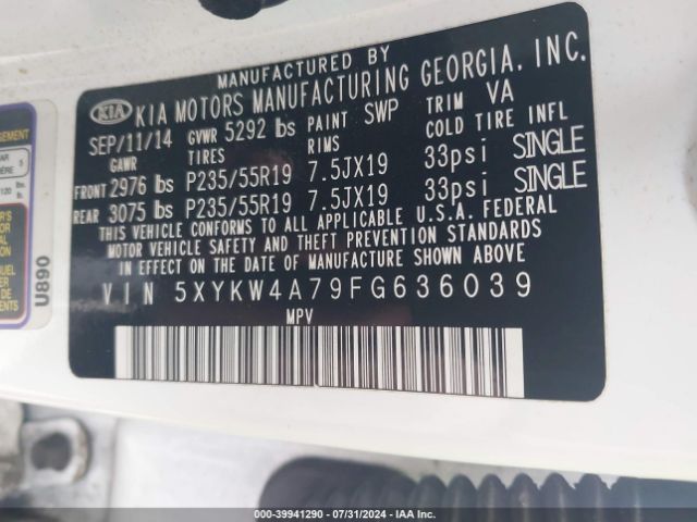 5XYKW4A79FG636039 KIA Sorento Sx V6
