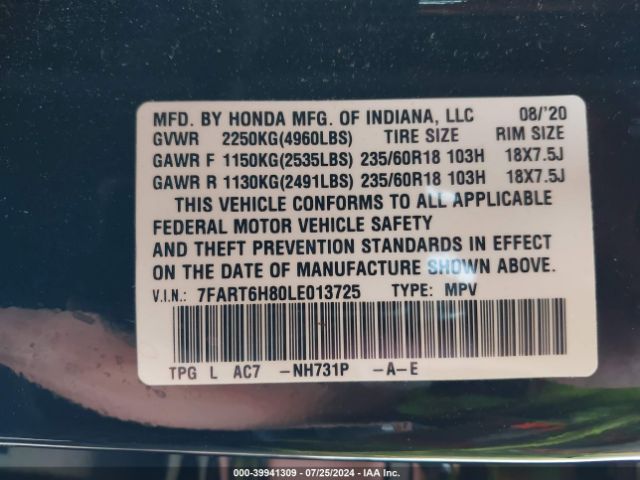 7FART6H80LE013725 Honda Cr-v Hybrid Ex-l
