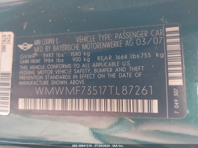 2007 MINI COOPER S WMWMF73517TL87261 Photo 8