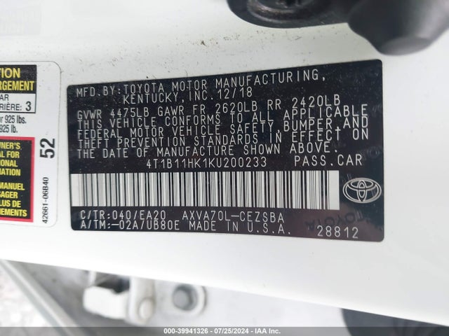 Toyota CAMRY SE 2019 4T1B11HK1KU200233 Image 9