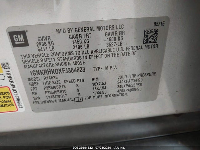 Chevrolet Traverse 2lt 2015 1GNKRHKDXFJ364823 Image 9