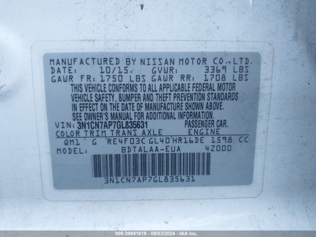 Nissan Versa 1.6 S 2016 3N1CN7AP7GL835631 Image 9
